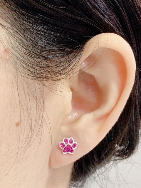 Sterling Silver & Pink Crystal Paw Print Stud Earrings - SS