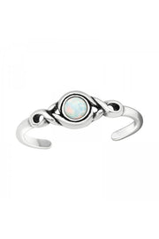 Sterling Silver Patterned Adjustable Toe Ring With Opal - SS