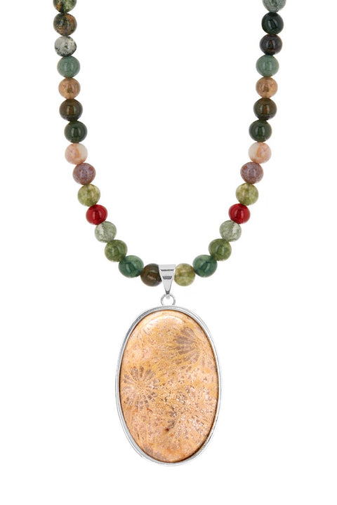 Mixed Jasper Beads Necklace With Lily Fossil Pendant - SF