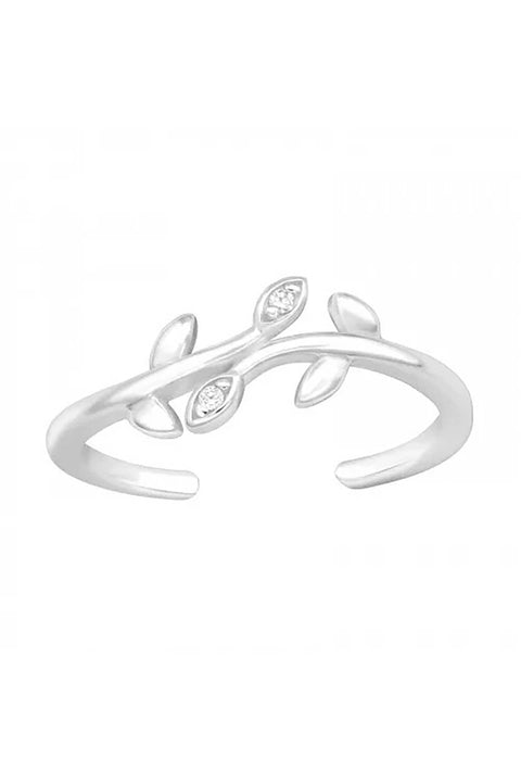 Sterling Silver Leaves Adjustable Toe Ring With CZ - SS