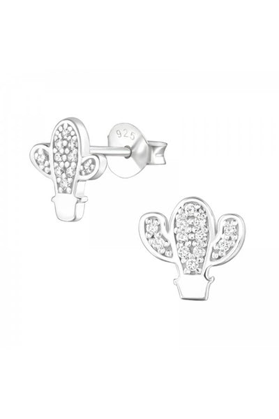 Sterling Silver Cactus Ear Studs With Cubic Zirconia - SS